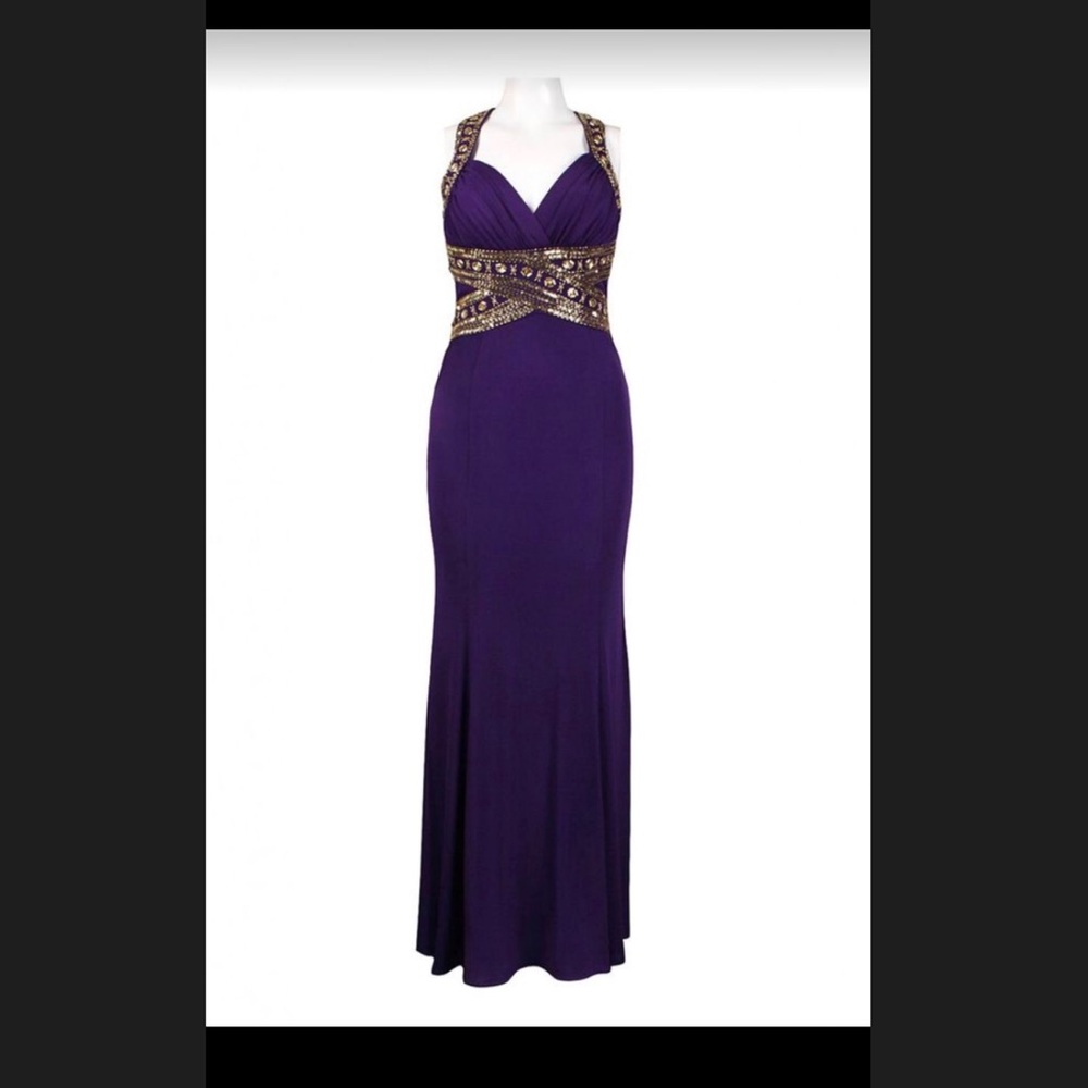 Purple and gold beaded gown